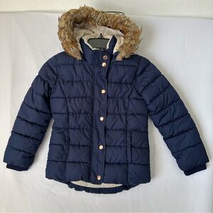 Old Navy Girl’s Puffer Jacket size M-8, Navy Blue with Gold, Sherpa Lining